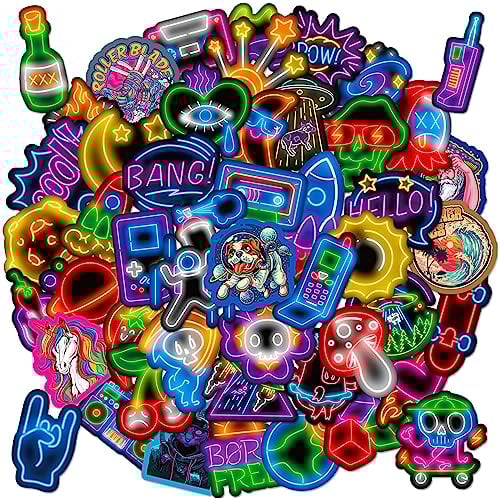 RAKKYO Juego de 50 pegatinas de anime neón, resistentes al agua y estéticas, para botellas de agua, portátiles, teléfonos, guitarras, monopatines y más, perfecto para adolescentes, niños y adultos