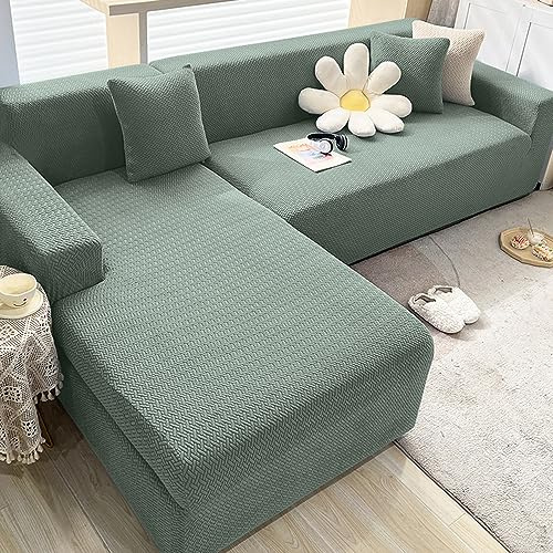OKJK Sofabezug l Form, Jacquard Stretch Sofabezug, verdickter weicher und bequemer Stoff, Sofaschoner rutschfest für Wohnzimmer, staubdicht, Maschinen waschbar (Matcha Green,4-Seater 235-300cm)