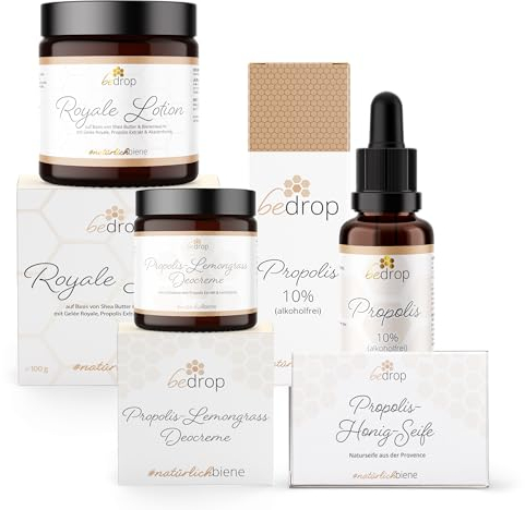 bedrop | Körperpflege Set Royale Lotion, Propolis Deo, Propolis Tinktur alkoholfrei & Propolis-Honig-Seife im Set für die perfekte Routine