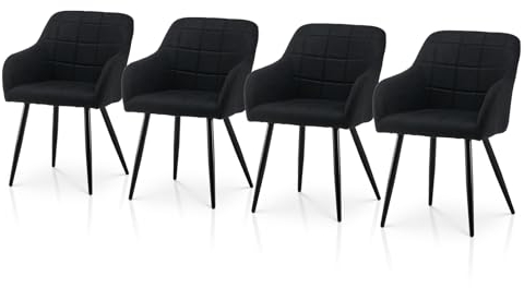 TUKAILAI Esszimmerstühle Set aus Leinen, Küchenstuhl mit Rückenlehne,Gepolsterter Sitz,Armlehnen,Metallbeine,Polsterstuhl Armlehnstuhl Sessel Küche,Esszimmer,Wohnzimmer (Leinen×4, Schwarz)