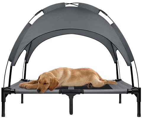 UISEBRT Erhöhtes Hundebett Haustierbett mit Baldachin, Hundeliege Outdoor für Camping Strand, Hundebett mit Wasserdicht Dach Hundesofa mit Atmungsaktivem Netzgewebe, Größe L, 92 x 76 x 92 cm