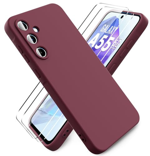 Ikziwreo - Hülle für Samsung Galaxy A55 5G Handyhülle, mit 2 Stück Displayschutzfolien, Reiner Farbe Ultradünne Weich Silikonhülle, Stoßfeste Anti-Scratch Gummi Schutzhülle - Weinrot