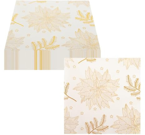 CEILIWEN Lot de 60 serviettes en papier blanc et doré à motif feuille d'or pour mariage, anniversaire, fête de Noël, 33 x 33 cm