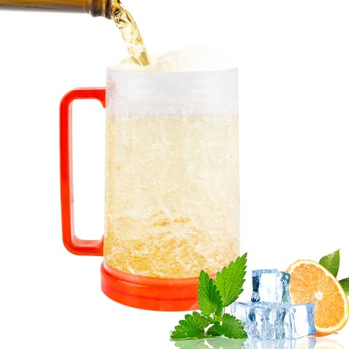 Boccale di Birra Refrigerante, Darryy Bicchieri Freezer Birra, 450 ML Bicchiere Birra Doppia Parete, Boccale Birra in Plastica, Boccali da Birra con Manico, per Mantenere Fresche Bevande (Arancione)