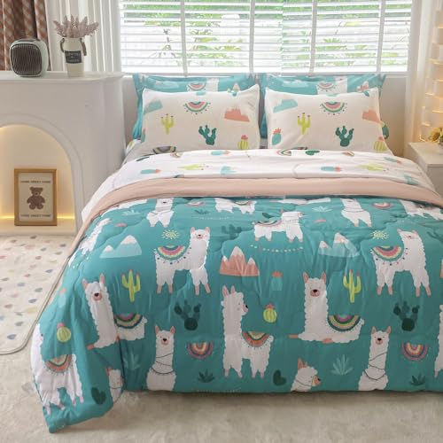Wajade Kinder-Bettwäsche-Set mit Lama-Motiv, 7-teilig, süßes Alpaka, tropische Pflanze, Kaktus, für Mädchen und Jungen (1 Steppdecke, 1 Bettlaken, 1 Spannbetttuch, 2 Kissenbezüge und 2 Kissenbezüge)