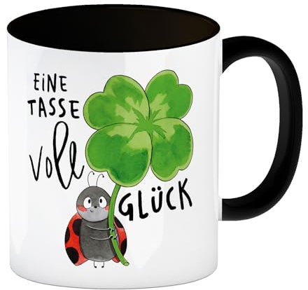 Marienkäfer Kaffeebecher in schwarz mit Spruch Eine Tasse voll Glück Marienkäfer-Tasse als Glücksbringer Klee Pilz Design Frühlingsgrüße für Gesundheit