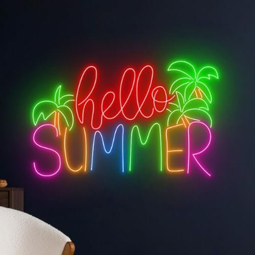 Große Hello Summer Leuchtreklamen mit Stromversorgung über USB, LED Acryl Dimmbar Neon Sommer Bar Bierlicht mit einer Hängenden Kette für Schlafzimmer, Wohnzimmer, Männerhöhle, Bar, Hotel