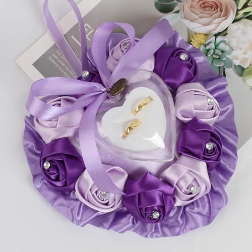 PTNKUIIY Ringkissen Hochzeit - Hochzeitsringkissen Herzförmige Ehering-Box Strass Dekor Ringkissen Heirat Paar Ring Halter Hochzeit Accessoires Für Eheringe Ringe Brautjungfer Braut -Lila