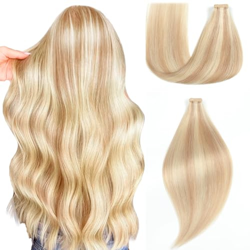 EINbeauty Tape Extensions Echthaar 20pcs Extensions Echthaar 55cm 50g Aschblond mit Bleichblond Tape In Extensions Echthaar Invisible Echthaar Extensions Tape Glatt Haarverlängerung(22inch,P18K/60#)