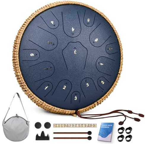 Steel Tongue Drum-Qingshi 15 Noten 14 Zoll Steel Drum Instrument für Erwachsene, Steel Handpan Drums mit Handpan Drum Mallet, Musikbuch und Tragetasche, C-Dur (Marineblau)