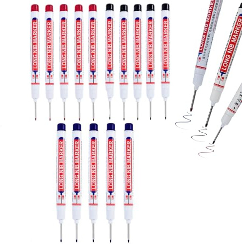 15Pcs Long Nib Marker Pens 20mm x 1mm Tip Deep Hole Marker Tool 3 Colours | Permanent Woodworking Markers in Black Blue Red 5 Each for Marking Hard-to-Reach areas, Carpenters Builders Construction