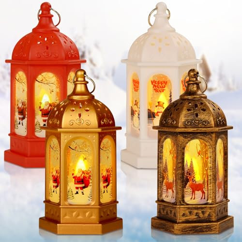 FTJKGH 4 Stück Weihnachtsdeko Laterne, Weihnachtslaterne mit LED, Weihnachten Deko mit Weihnachtsmotiven wie Weihnachtsmann, Schneemann und Elch, Batteriebetrieben Weihnachtsdekoration innen, Warmweiß