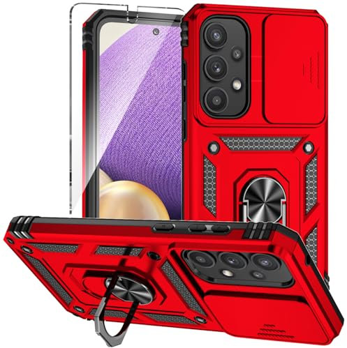 Xzmysxg Coque pour Samsung Galaxy A35 5G Antichoc Lentille Coulissante avec Protection Écran, Support 360° Rotatif PC Dur et TPU Silicone Militaire Anti-Rayures Coque pour Samsung A35 5G, Rouge
