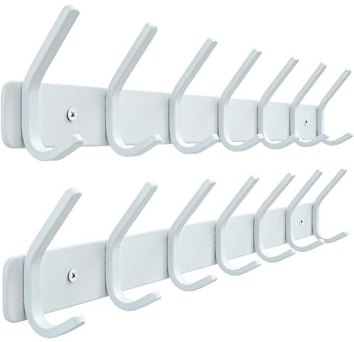 HONSKY Wall Mounted Coat Rack Stainless Steel,Space,Saving,Durable,Rust Resistant,Modern Design for Home, Office, or Entryway - 7 Hooks, Easy Installation,White 2 Pack