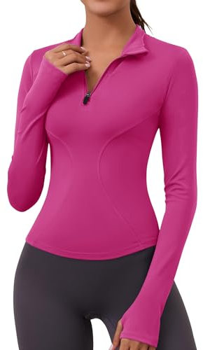 Rapbin Sport Oberteil Damen Gym Top Langarmshirt Sport T-Shirt Atmungsaktiv Sportshirt mit 1/4 Reißverschluss und Daumenloch Rose red M