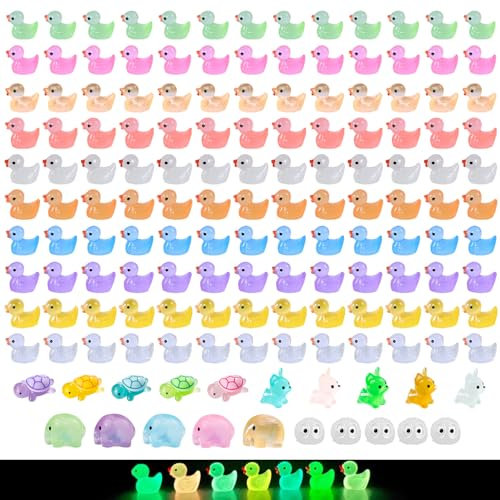 Mini Enten 150 Stück Leuchtend Miniatur(130 Stück Kleine Enten und 20 Stück Schildkröten, Hunden und Anderen Mini Tiere), Mini Quietscheente Mini Duck für Bonsai Spiel, Aquarium, Garten Dekorationen