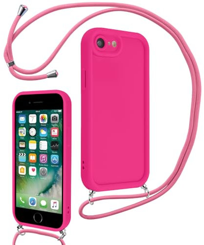 Coalbooliy Coque pour iPhone 7/8/iPhone SE 2022/SE 2020 4,7 avec Cordon de Collier Réglable, Etui Silicone Souple TPU Antichoc Housse avec Corde Lanyard Cover pour Femmes Filles, Rose Rouge