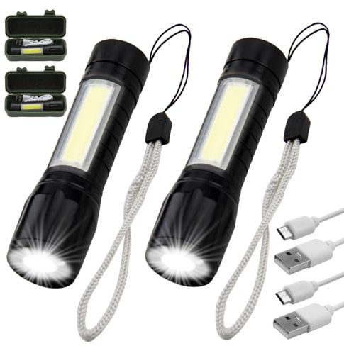 LANAFAY 2pcs LED Torch Rechargeable, Small Hand Torch Adjustable Focus with 3 Lighting Modes, Pocket Size Lightweight Aluminum Alloy Portable Waterproof Flashlight for Camping and More Outdoor Use