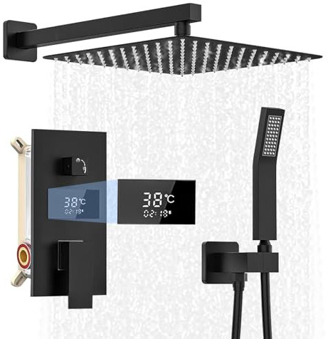 Unterputz Duscharmatur Set, Edelstahl Duschsystem Schwarz Unterputz mit Temperatur LCD Display inkl. 30X30cm Kopfbrause, 200mm Handbrause, Messingkörper, Regendusche Schwarz, 1.5m Brauseschlauch