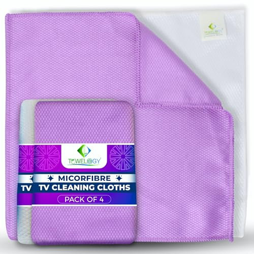 Towelogy® Microfibre TV Cleaning Cloth | Non Abrasive and Lint Free | Premium Screen Cleaner Cloths | Safe To Use On OLeds, LEDS and Flat Screens | Microfibre Cloths for TV Screens (Purple/White)