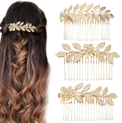 UEIOAVL Steckkämme für die Haare, Haarkämme mit goldenen Perlen und Strasssteinen Haarkämme mit Zähnen, Haarschmuck mit Kristallblättern elegant für das Haarstyling für Frauen (Gold)