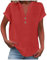 Women's Summer Cotton Linen Cap Sleeve T-Shirt Button Down V-Neck Loose Tunic Tops Fashionable Baggy Solid Color Plain Casual Shirts Trendy Lounge Blouses B Red