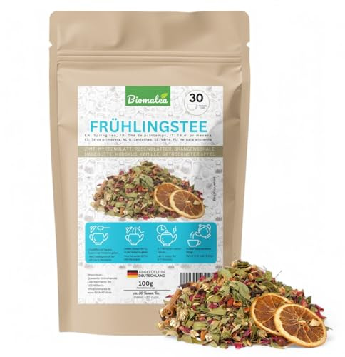 Biomatea Frühlingstee – 100 g aromatische Kräuter-Früchteteemischung mit Zimt, Kamille, Hibiskus & Apfel – ergibt ca. 30 Tassen, Blütentee, wellness tee in Deutschland abgefüllt
