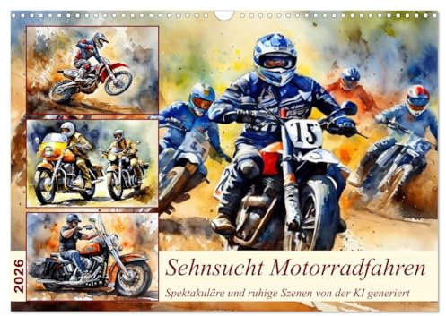 Sehnsucht Motorradfahren (Wandkalender 2026 DIN A3 quer), CALVENDO Monatskalender: Wunderschöne KI generierte Aquarelle (CALVENDO Sport)