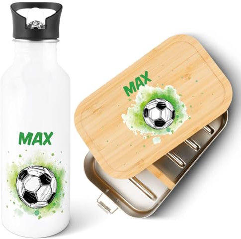 GRAVURZEILE - Bedruckte Trinkflasche & Brotdose Set - Fussball - Personalisiert mit Namen - Edelstahl Trinkflasche 600 ml, Brotdose mit Deckel - Geschenk zur Einschulung für Jungen & Mädchen