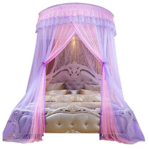 Betthimmel aus Spitze, transparentes Netzgewebe, Moskitonetz, Prinzessinnen-Kuppel-Moskitonetz, Dekoration, hängende Bettvorhänge für Doppelbett, Lila