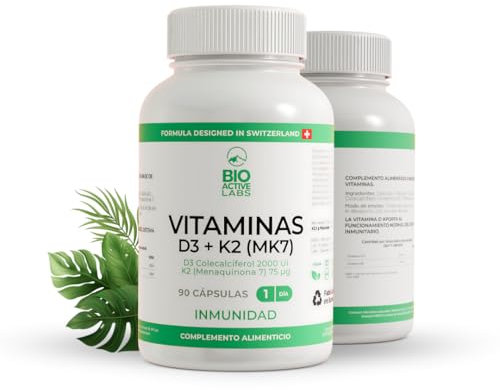 Vitamina D3 2000 UI con K2 MK7 90 Capsulas Veganas - Vitamina D3 K2 Cápsulas Alta Absorción - Mejora tu Salud Osea y Arterial