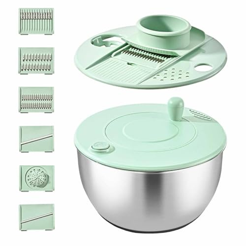 YUNYDSM 5L Salatschleuder Edelstahl, Gemüseschneider, Rührschüssel 3-in-1, mit 6 verschiedenen Ausstechern & rutschfestem Boden, Handkurbel-Design, Zum Obst und Gemüsehobel und trocknen, Küchenhelfer