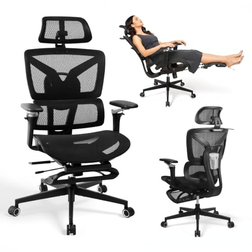 Rieior Ergonomischer Bürostuhl Große und Schwere mit Fußstütze, 5D Verstellbare Armlehnen, Lendenstütze, Netz-Rückenlehne, Verstellbare Sitztiefe, Drehbarer Gaming Stuhl Schwarz