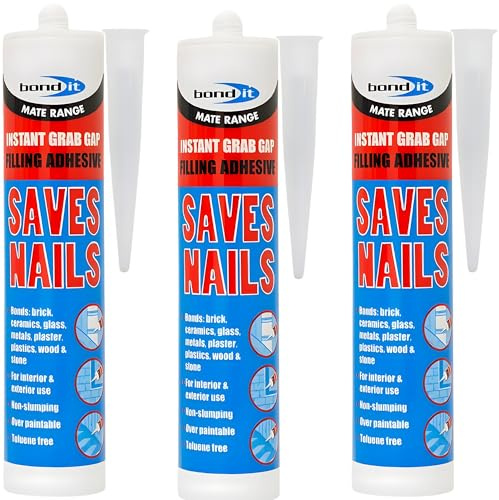 Bond It Saves Nails Instant Grab Adhesive Beige Pack of 3 (285 ml Each) - Multi-Purpose Grab No Nails Adhesive Extra Strong for Wood, Brick, Metal, Plaster, Plastic & Construction Fixings
