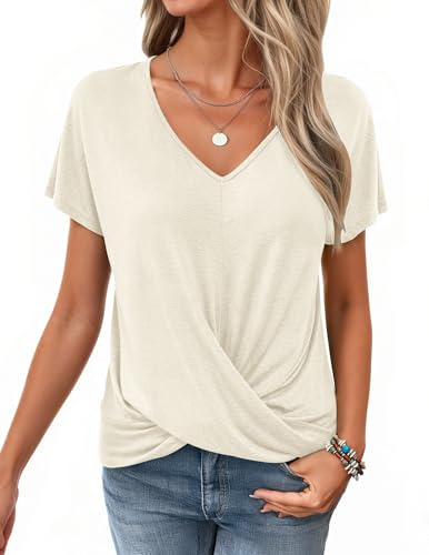 WNEEDU Summer Tops for Women UK V Neck T Shirts Short Sleeve Front Twist Casual Blouses Cream Colored L