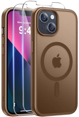 Qasyfanc Funda Magnética para iPhone 13/iPhone 14, Marrón | Compatible con MagSafe, 2 Protector Pantalla，Protección De Cámara, Carcasa Antigolpes, Anti-Arañazos Respaldo