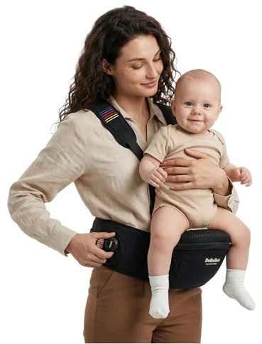 Bebebus Babytrage mit Hüftsitz und Hüfttrage Baby – Stufenloser Hüftgurt Drehmechanismus für festen Halt, verbessertes Y-Design & praktische Taschen Für Neugeborene und Kleinkinder bis 20 kg