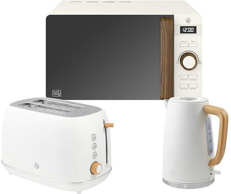 Swan Fjord White Jug Kettle and 2 Slice Toaster plus Nordic 800W 20L Microwave. Matching Scandinavian Inspired Design Kitchen Set in White with Wood Effect Accents. Part of the Swan Nordic Collection