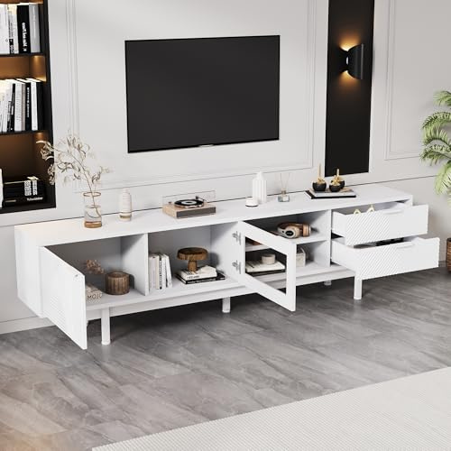 REXO Mueble de televisión moderno y sencillo, 200 x 40 x 50,5 cm, con 2 puertas y 2 cajones, gran espacio de almacenamiento, capacidad de carga total de 45 kg, para 80 pulgadas, color blanco
