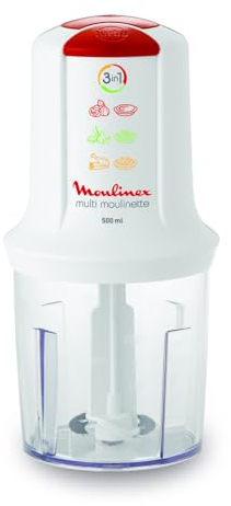 Moulinex Mini Hachoir Électrique Multi Moulinette 3 en 1 Hacher Mixer Emulsionner Mayonnaise Viande Légumes Herbes Epices Fruits Secs 2 Vitesses 400W Blanc AT710131