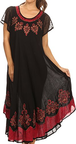 Sakkas B009 Batik Hindi Cap Sleeve Caftan Dress/Cover Up - Black/Red - One Size