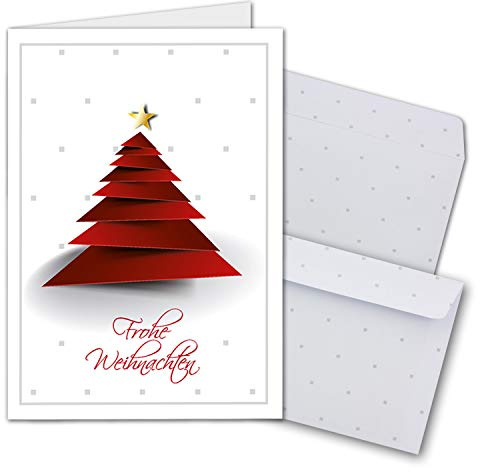 NEUSER PAPIER 15x Weihnachtskarten-Set DIN A6 in Weiß mit rotem Design Weihnachtsbaum - Faltkarten mit passenden Umschlägen - Weihnachtsgrüße für Firmen und Privat