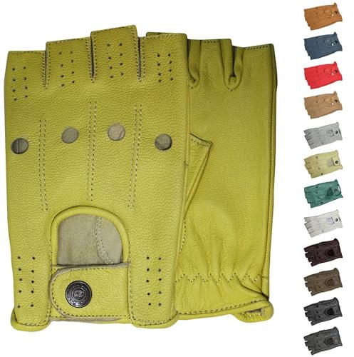 German Wear Driving Halbfinger Fingerlose Autofahrer-Handschuhe Lederhandschuhe, 10=XL, Gelb
