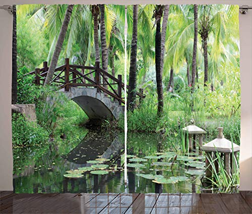 ABAKUHAUS Zen Garten Rustikaler Gardine, Park in Südchina, Schlafzimmer Kräuselband Vorhang mit Schlaufen und Haken, 280 x 225 cm, Braun Grün