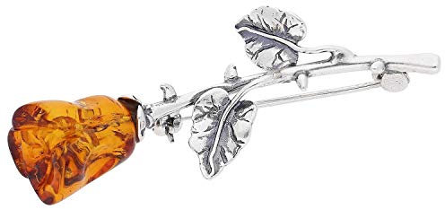 Single Rose Oxidised Silver Brooch Pin/Clip in Orange Amber in Vintage Style for Women - 925 Sterling Silver