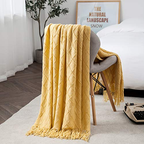 TREELY Gelbe Überwurfdecke mit Fransen, Quasten, gestrickt, Überwurfdecke, strukturiert, solide, dekorative Strickdecke für Bett, Couch, 127 x 172 cm, Gelb