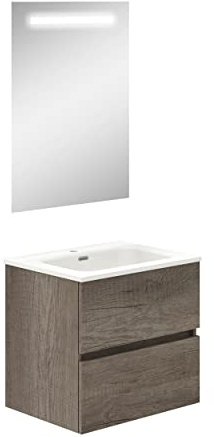 Baikal Mueble de Baño Dos cajones, suspendido a la Pared con Lavabo. Melamina 16. Mueble montado. Mueble de 60cm Nebraska con Espejo con Luz Led