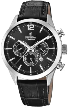 Reloj FESTINA para Hombre F20542/5 Timeless Chronograph Caja de Acero Inoxidable 316l Plateado Correa de Cuero Negro