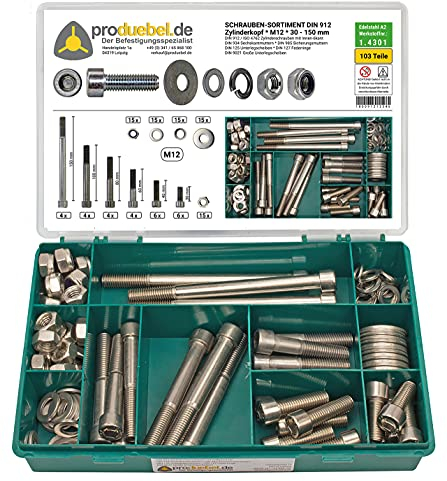 Sortiment Zylinderschrauben mit Innen 6-kant DIN 912 Edelstahl A2 V2A (DIN912+934+985+125+127+9021) (M12 103 Teile)