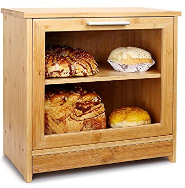 G.a HOMEFAVOR Panera de Bambú de 2 Capas con Capas Ajustable, Contenedor para Pan, 40 x 22 x 38 cm, Recipiente Comida para el Pan con Cajón, Autoensamblable